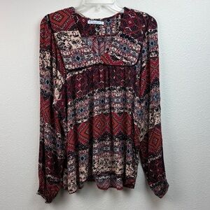 Aquamar Bohemian v neck tunic blouse crinkle gauze tribal western print for fall